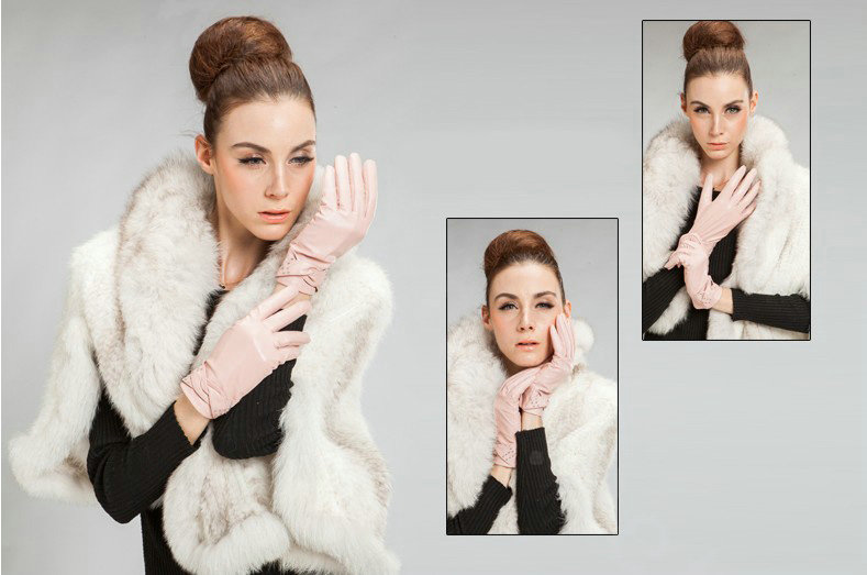 Allfond women winter waterproof cold-proof warm bead genuine goatskin leather gloves L - Pink