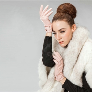 Allfond women winter waterproof cold-proof warm bead genuine goatskin leather gloves L - Pink
