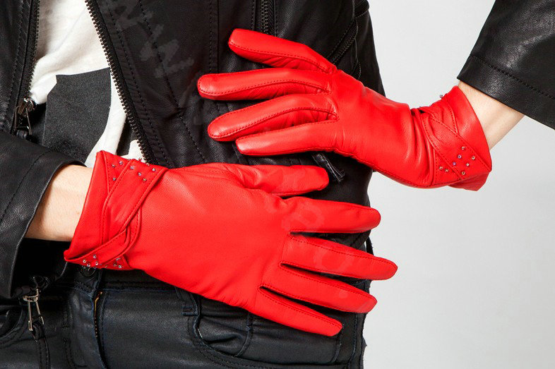 Allfond women winter waterproof cold-proof warm bead genuine goatskin leather gloves M - Red