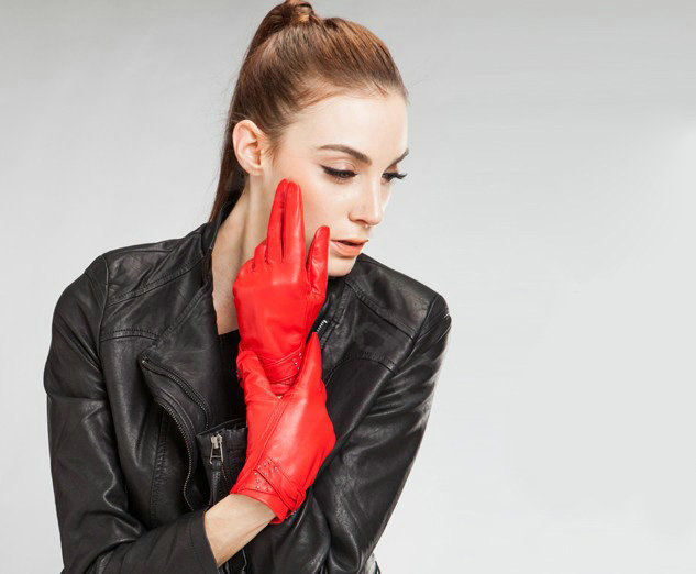 Allfond women winter waterproof cold-proof warm bead genuine goatskin leather gloves M - Red