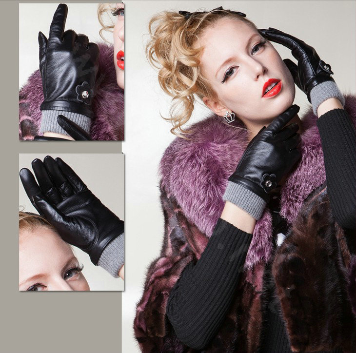 Allfond women winter waterproof cold-proof warm flower wool genuine goatskin leather gloves M - Black