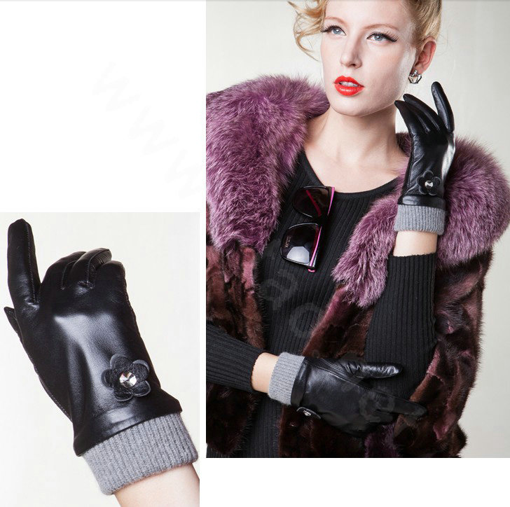 Allfond women winter waterproof cold-proof warm flower wool genuine goatskin leather gloves M - Black