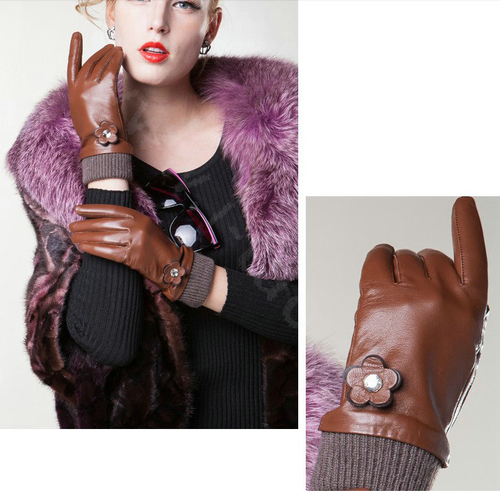Allfond women winter waterproof cold-proof warm flower wool genuine goatskin leather gloves L - Brown