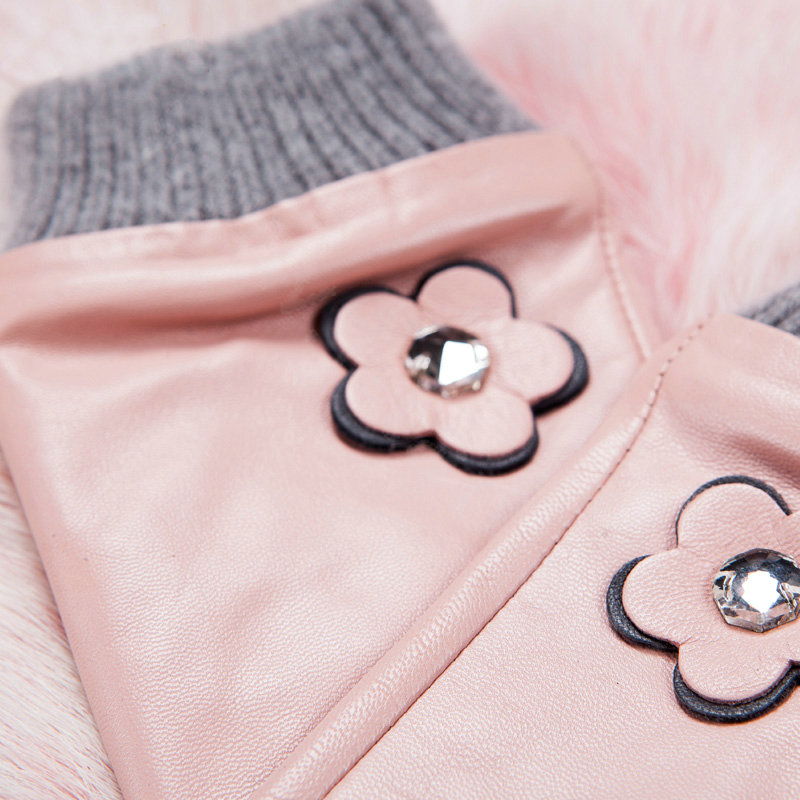Allfond women winter waterproof cold-proof warm flower wool genuine goatskin leather gloves L - Pink
