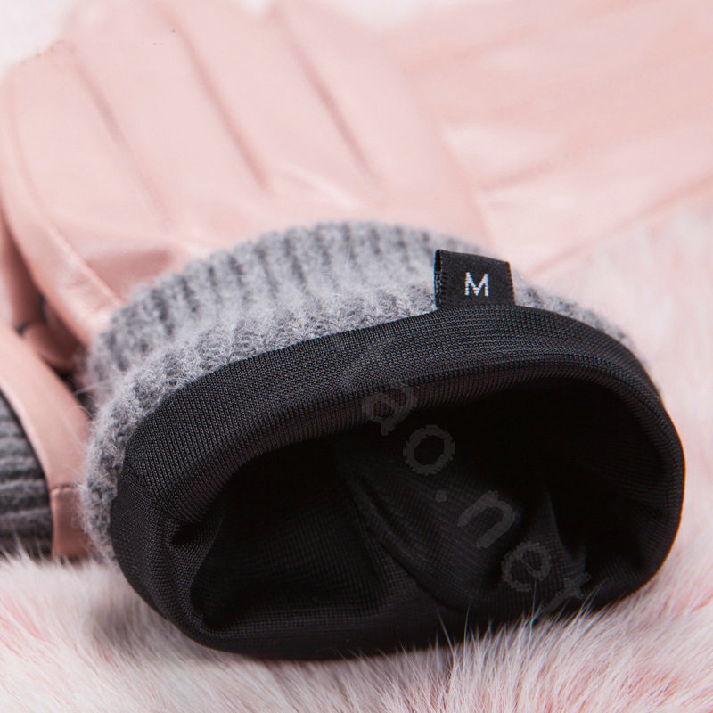 Allfond women winter waterproof cold-proof warm flower wool genuine goatskin leather gloves L - Pink