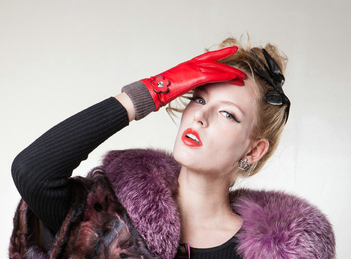 Allfond women winter waterproof cold-proof warm flower wool genuine goatskin leather gloves L - Red