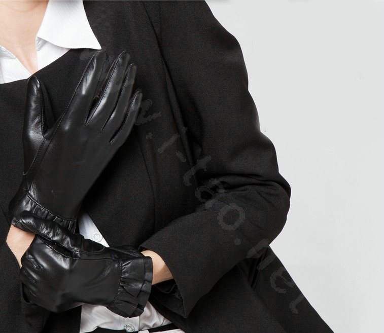 Allfond women winter waterproof cold-proof warm folds genuine goatskin leather gloves L - Black
