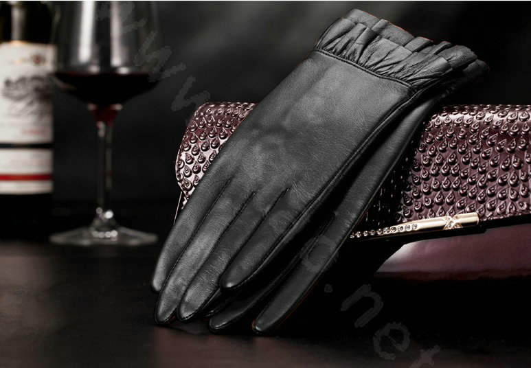 Allfond women winter waterproof cold-proof warm folds genuine goatskin leather gloves L - Black