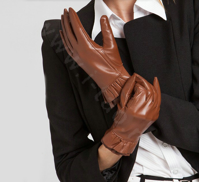 Allfond women winter waterproof cold-proof warm folds genuine goatskin leather gloves M - Brown