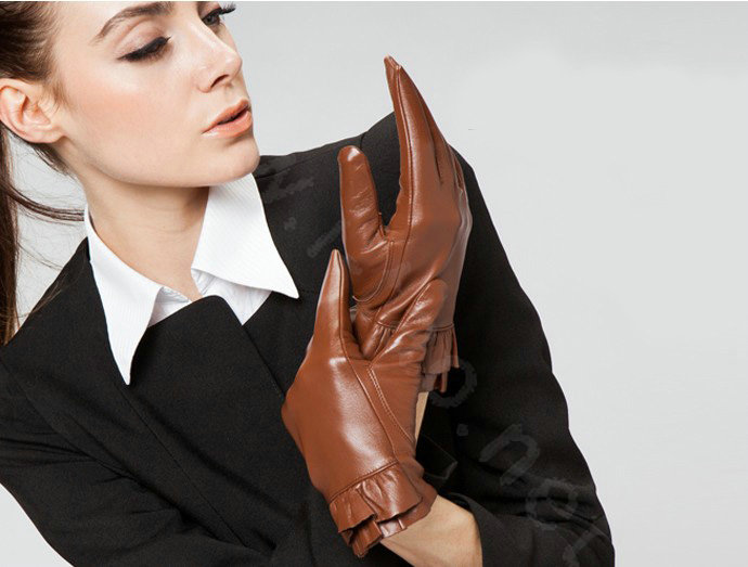 Allfond women winter waterproof cold-proof warm folds genuine goatskin leather gloves M - Brown