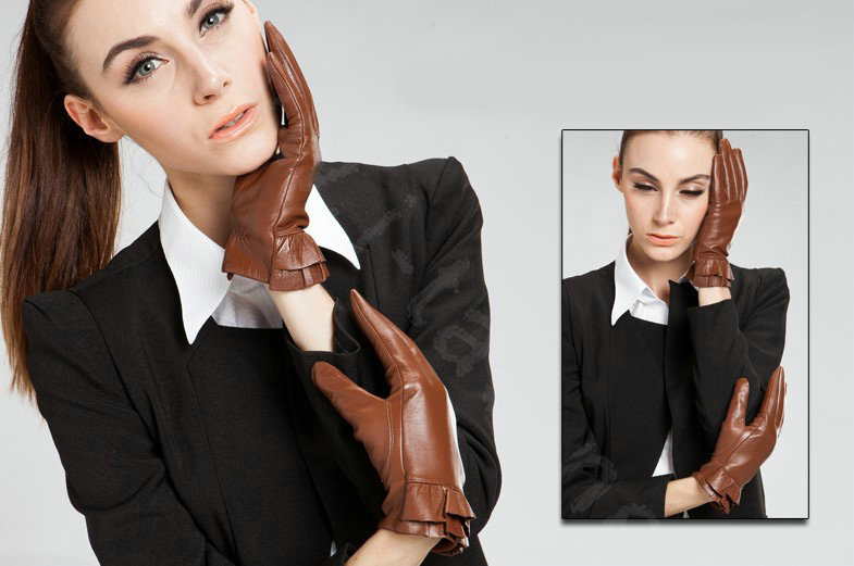 Allfond women winter waterproof cold-proof warm folds genuine goatskin leather gloves M - Brown