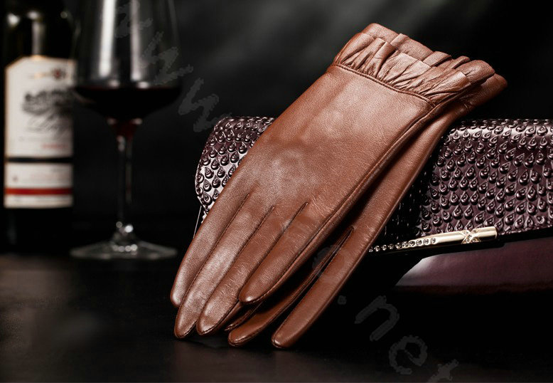 Allfond women winter waterproof cold-proof warm folds genuine goatskin leather gloves M - Brown