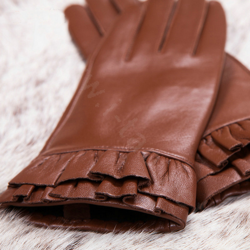 Allfond women winter waterproof cold-proof warm folds genuine goatskin leather gloves M - Brown