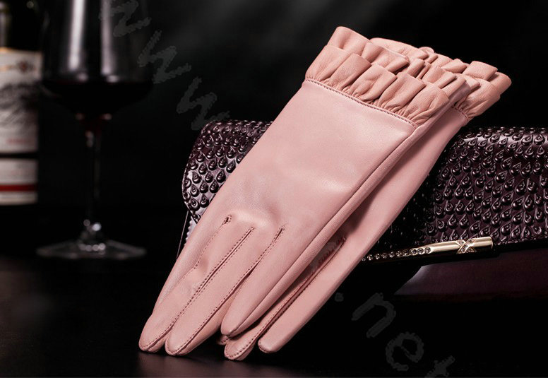 Allfond women winter waterproof cold-proof warm folds genuine goatskin leather gloves L - Pink