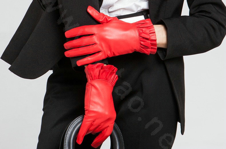 Allfond women winter waterproof cold-proof warm folds genuine goatskin leather gloves L - Red