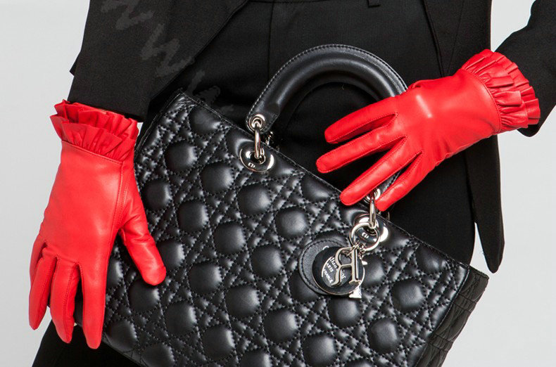 Allfond women winter waterproof cold-proof warm folds genuine goatskin leather gloves L - Red