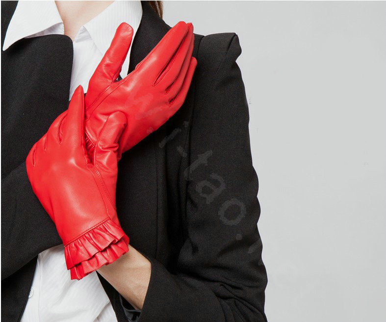 Allfond women winter waterproof cold-proof warm folds genuine goatskin leather gloves L - Red
