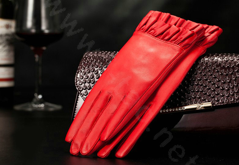 Allfond women winter waterproof cold-proof warm folds genuine goatskin leather gloves L - Red