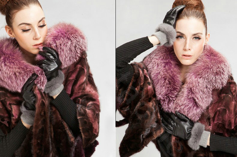 Allfond women winter waterproof cold-proof warm rabbit fur genuine goatskin leather gloves L - Black