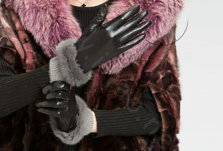 Allfond women winter waterproof cold-proof warm rabbit fur genuine goatskin leather gloves L - Black