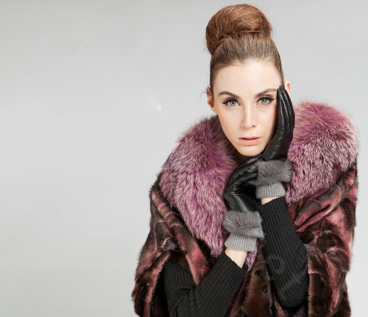Allfond women winter waterproof cold-proof warm rabbit fur genuine goatskin leather gloves L - Black