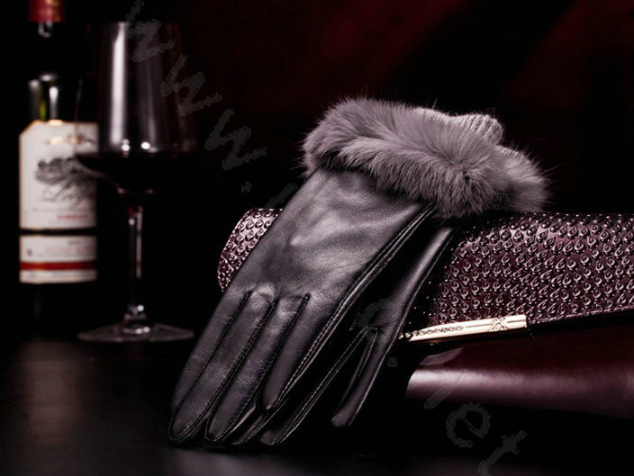 Allfond women winter waterproof cold-proof warm rabbit fur genuine goatskin leather gloves L - Black