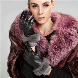 Allfond women winter waterproof cold-proof warm rabbit fur genuine goatskin leather gloves M - Black