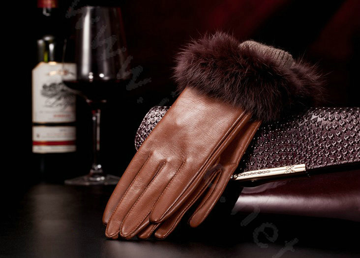 Allfond women winter waterproof cold-proof warm rabbit fur genuine goatskin leather gloves L - Brown
