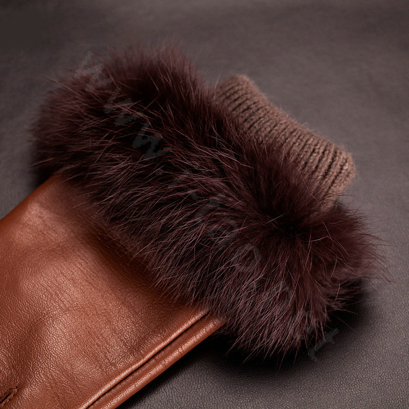 Allfond women winter waterproof cold-proof warm rabbit fur genuine goatskin leather gloves L - Brown