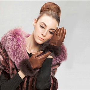 Allfond women winter waterproof cold-proof warm rabbit fur genuine goatskin leather gloves M - Brown