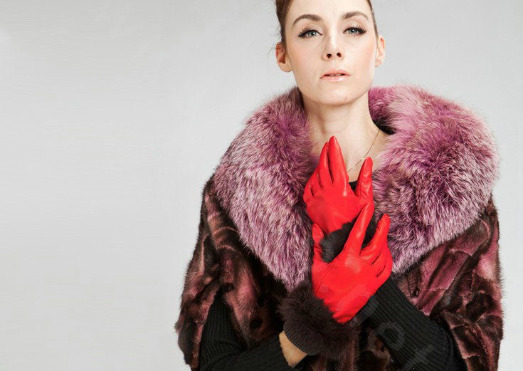 Allfond women winter waterproof cold-proof warm rabbit fur genuine goatskin leather gloves L - Red