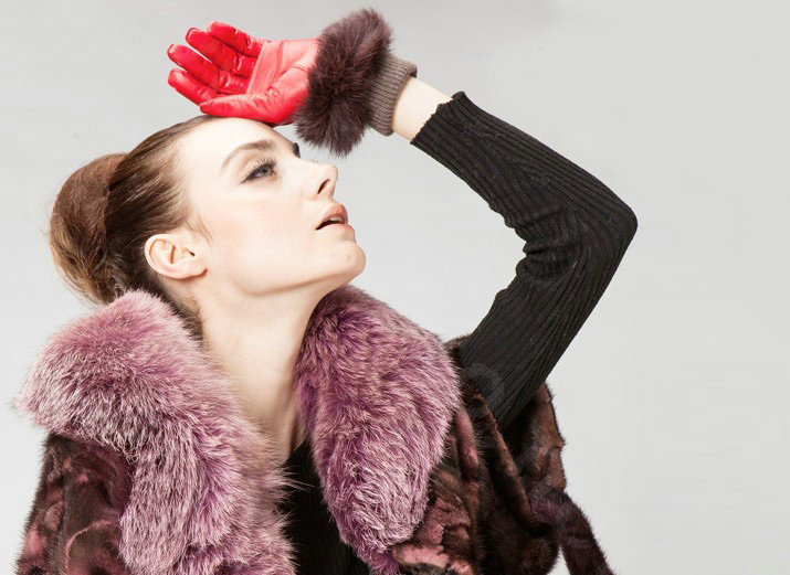 Allfond women winter waterproof cold-proof warm rabbit fur genuine goatskin leather gloves L - Red