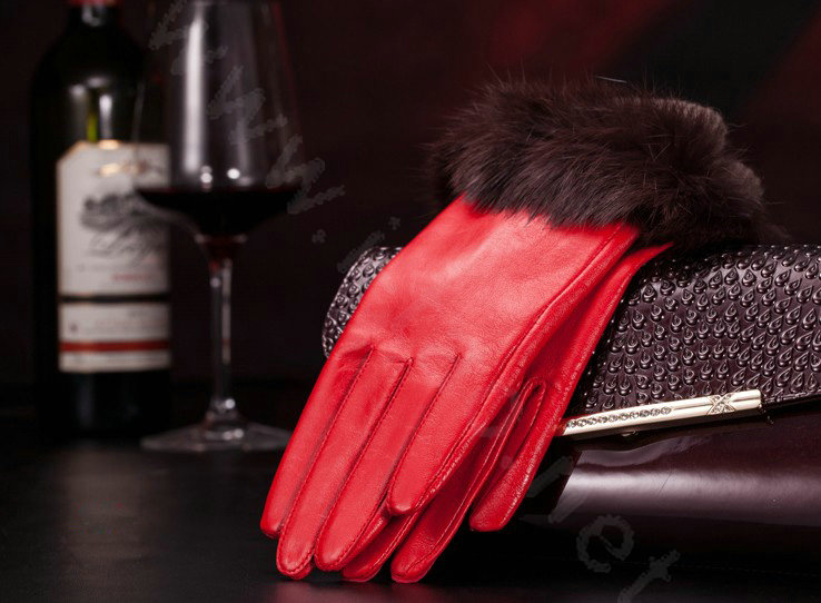 Allfond women winter waterproof cold-proof warm rabbit fur genuine goatskin leather gloves L - Red