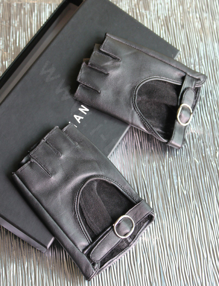 Fashion Women Bowknot Genuine Leather Sheepskin Half-finger Short Gloves Driving - Black