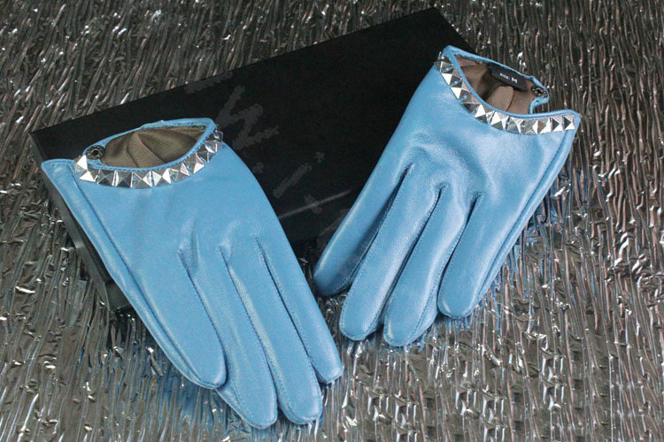 Fashion Women Crystal Genuine Leather Sheepskin Half Palm Short Gloves Size L - Blue