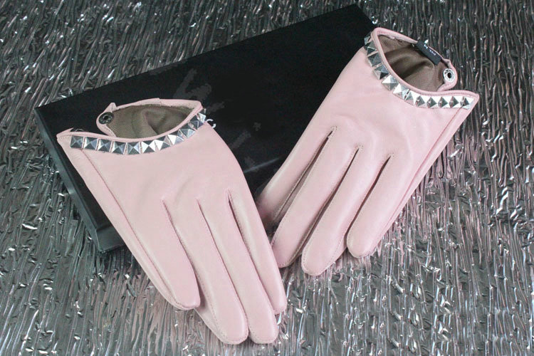 Fashion Women Crystal Genuine Leather Sheepskin Half Palm Short Gloves Size M - Pink