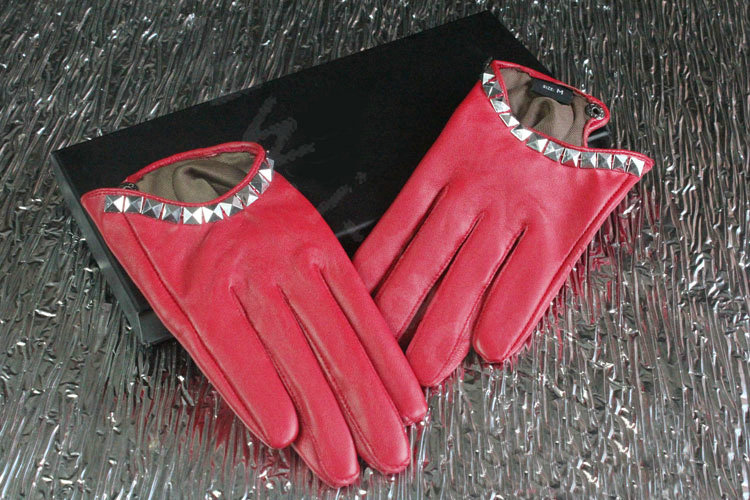 Fashion Women Crystal Genuine Leather Sheepskin Half Palm Short Gloves Size L - Red