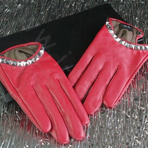 Fashion Women Crystal Genuine Leather Sheepskin Half Palm Short Gloves Size M - Red