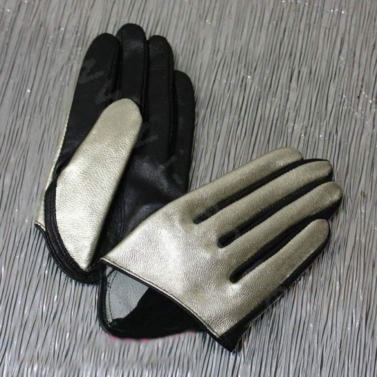 Fashion Women Genuine Leather Sheepskin Half Palm Short Gloves Size S - Gold black