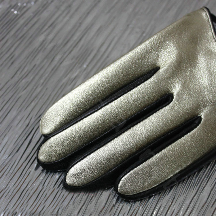 Fashion Women Genuine Leather Sheepskin Half Palm Short Gloves Size S - Gold black