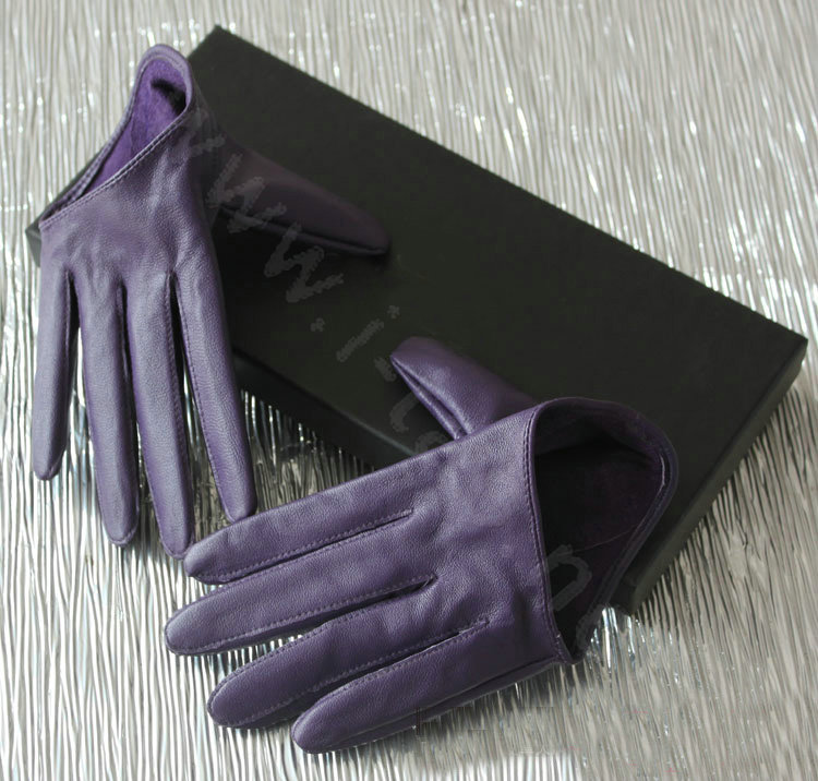Fashion Women Genuine Leather Sheepskin Half Palm Short Gloves Size M - Purple