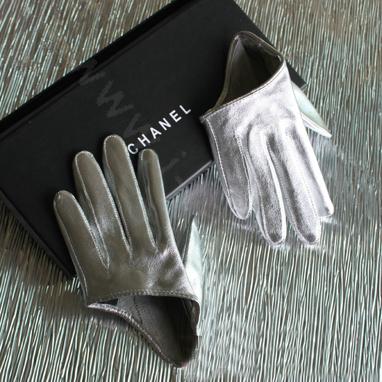 Fashion Women Genuine Leather Sheepskin Half Palm Short Gloves Size L - Silver