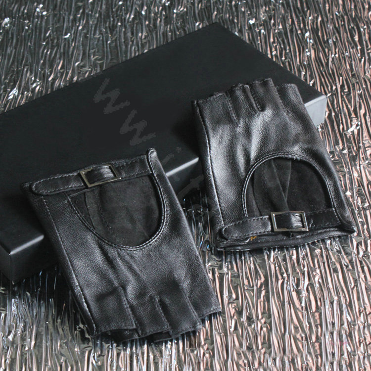 Fashion Women Genuine Leather Sheepskin Half-finger Short Gloves Driving - Black