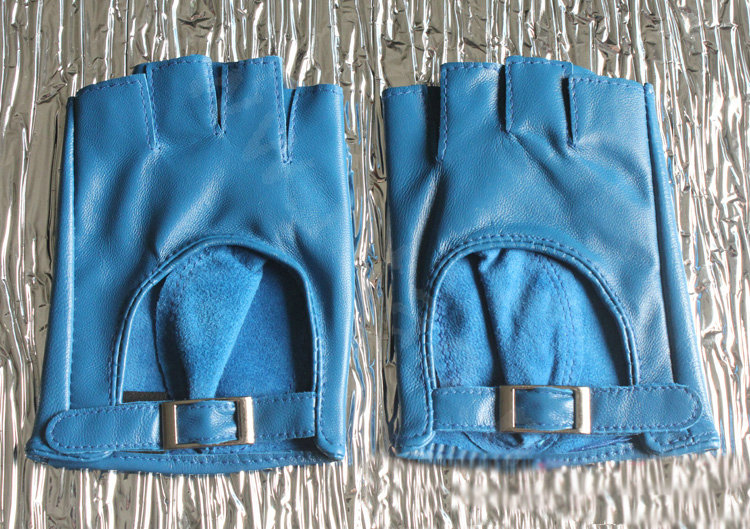Fashion Women Genuine Leather Sheepskin Half-finger Short Gloves Driving - Blue