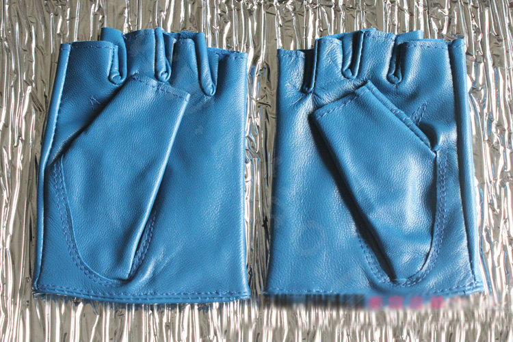 Fashion Women Genuine Leather Sheepskin Half-finger Short Gloves Driving - Blue