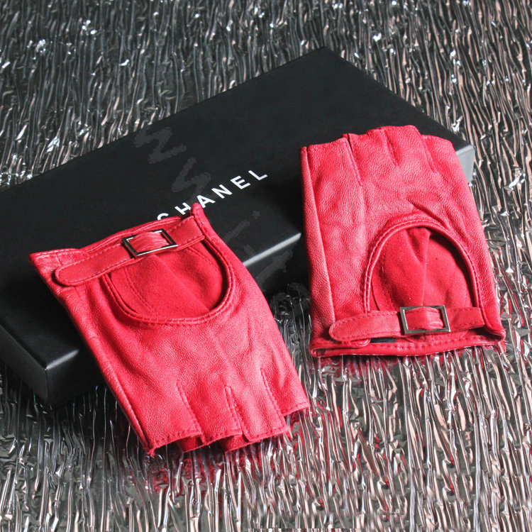 Fashion Women Genuine Leather Sheepskin Half-finger Short Gloves Driving - Red