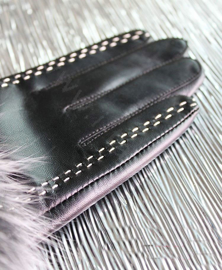 Fashion women winter warm thick fox fur cuff bars genuine sheepskin leather Gloves size L - Black