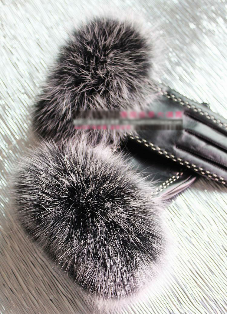 Fashion women winter warm thick fox fur cuff bars genuine sheepskin leather Gloves size L - Black