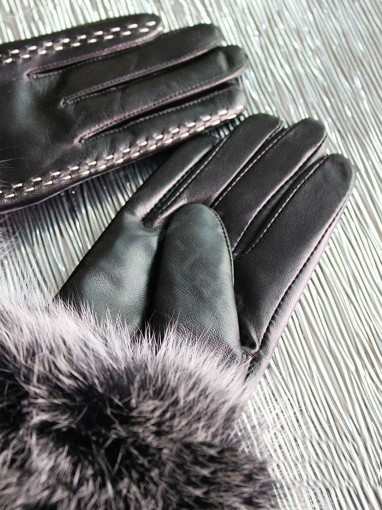 Fashion women winter warm thick fox fur cuff bars genuine sheepskin leather Gloves size L - Black