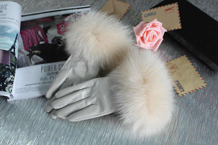 Fashion women winter warm thick fox fur cuff genuine sheepskin leather Gloves size L - Beige